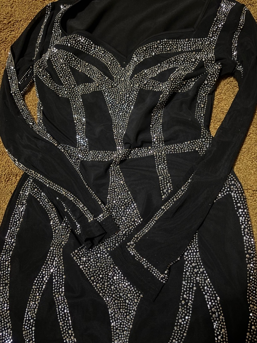 Black Long-Sleeve Rhinestone Mesh Dress